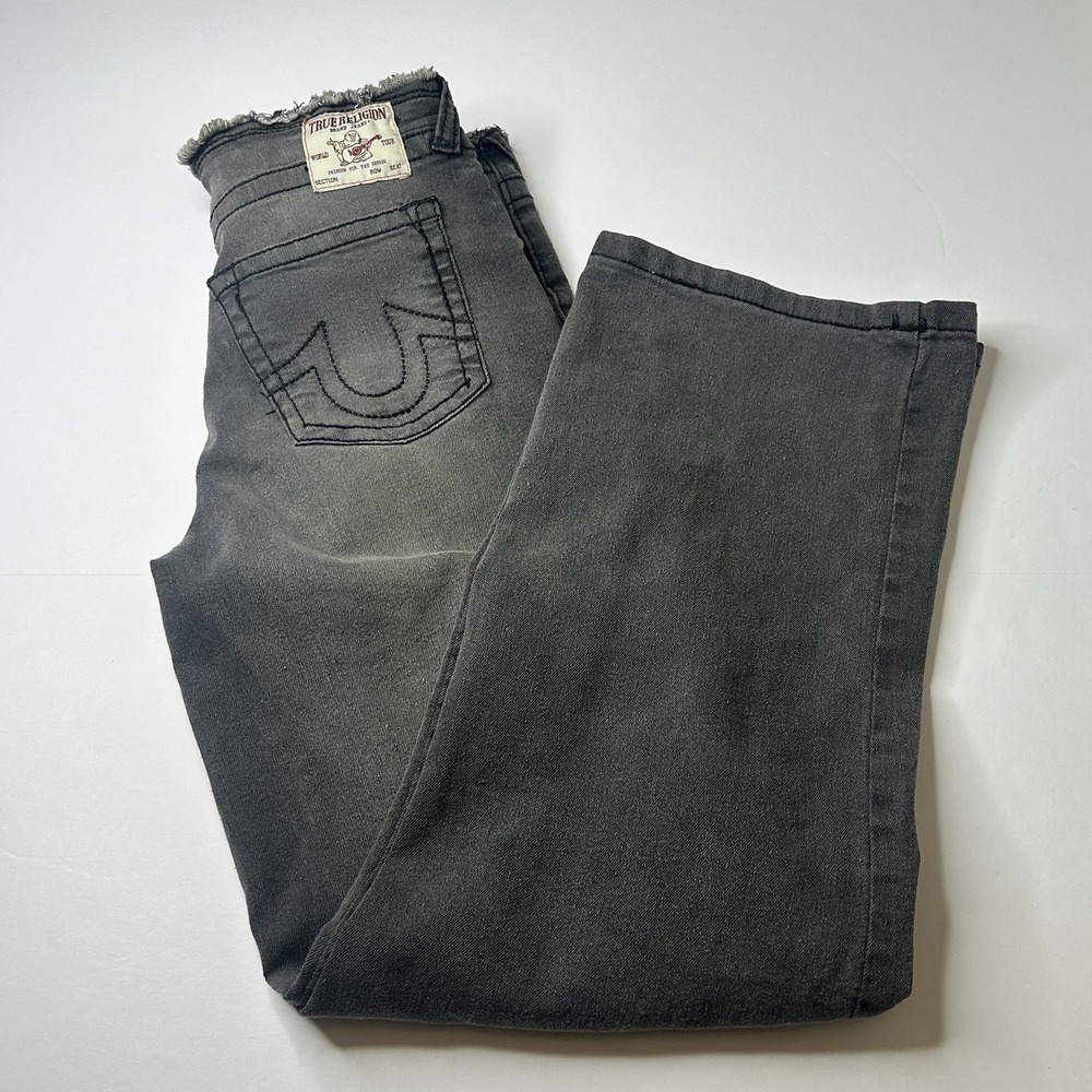 True Religion Washed Gray Denim Cargo Leila Wide Leg Jeans Youth Girls Sz 14 XL